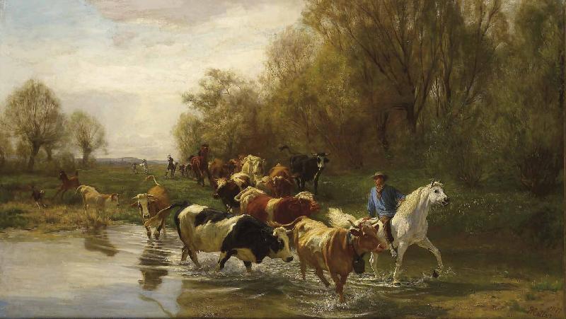 Rudolf Koller Kuhe mit Reiter am Wasser beim Zurichhorn oil painting image